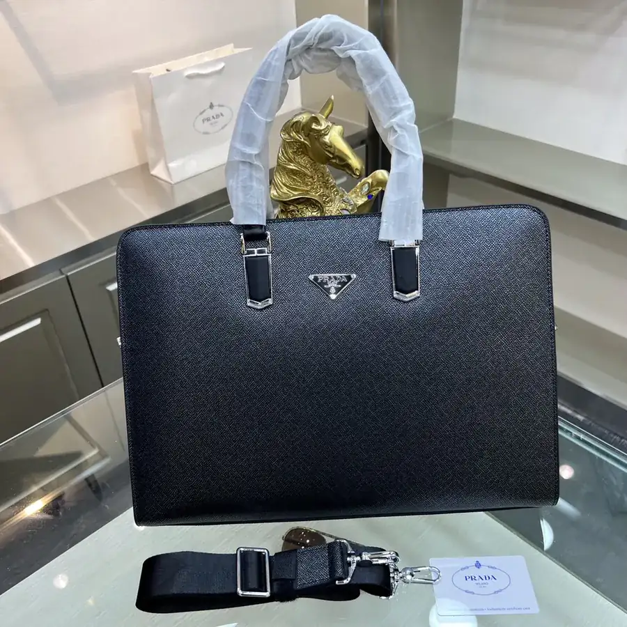 PRADA New Briefcase with Polished Stainless Steel Hardware and Triangular Enamel Logo