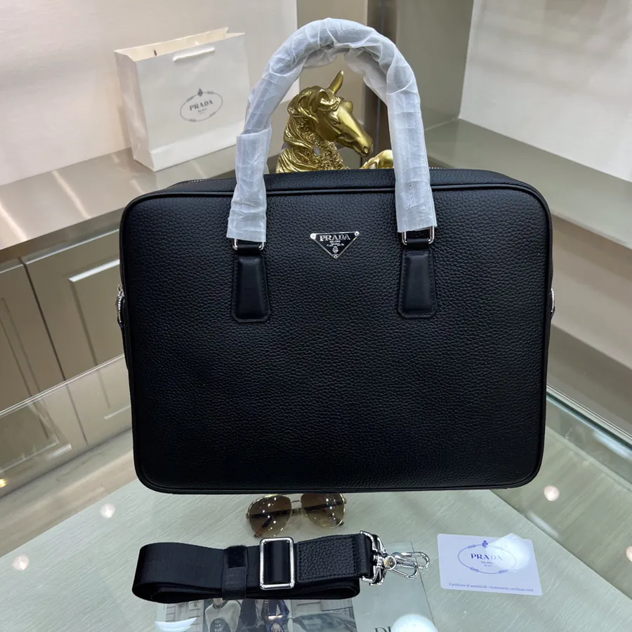 PRADA New Briefcase with Grained Calfskin and Stainless Steel Accents