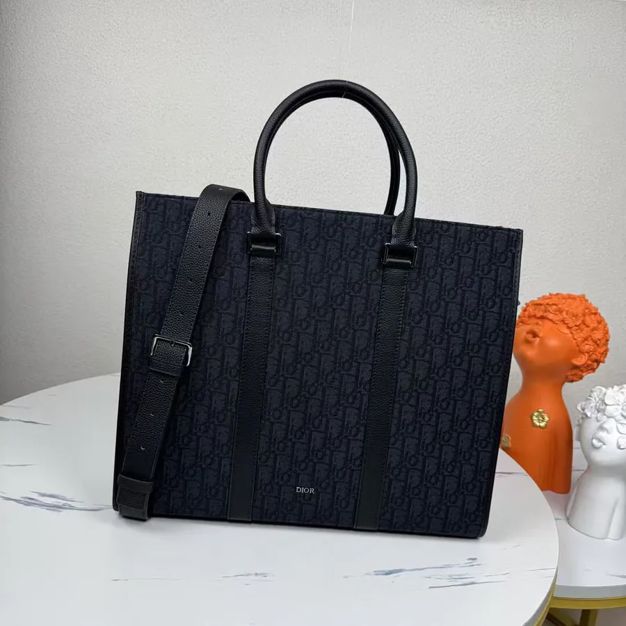 East West Handbag Black Oblique Print and Grained Calfskin