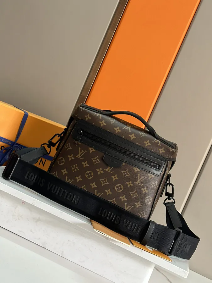 LV Trail Messenger Bag Classic Monogram Macassar Canvas with Leather Trim and Adjustable Strap