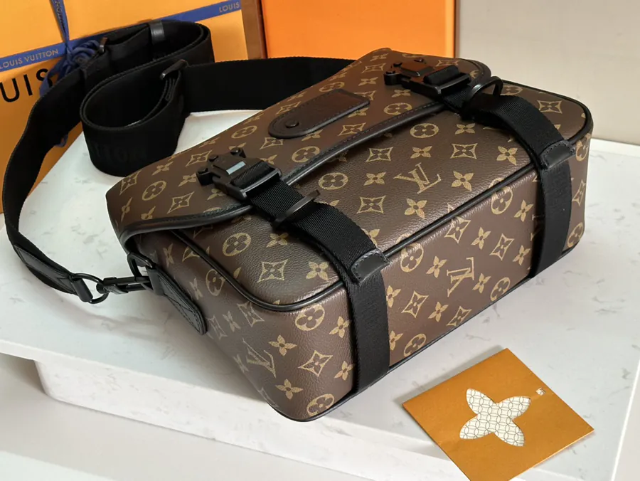 LV Trail Messenger Bag Classic Monogram Macassar Canvas with Leather Trim and Adjustable Strap
