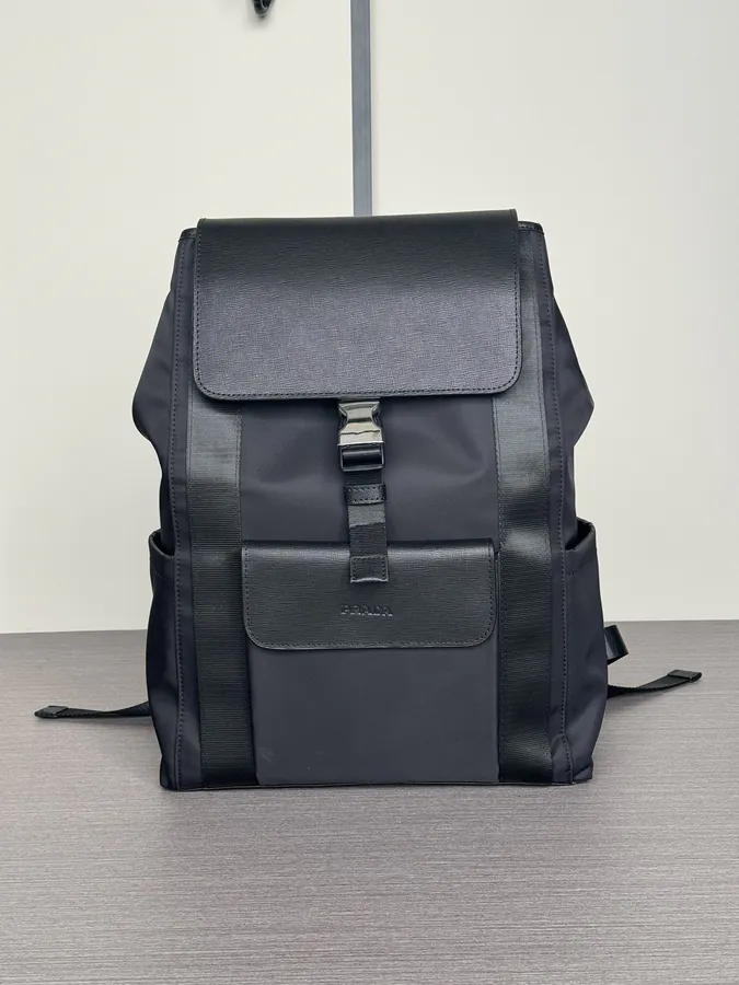 Prada Nylon and Grained Calfskin Backpack with Logo