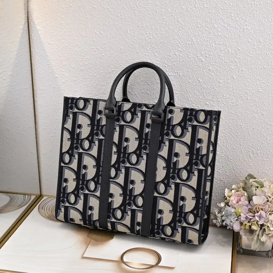 Dior Oblique Print Handbag with Grained Calfskin Details