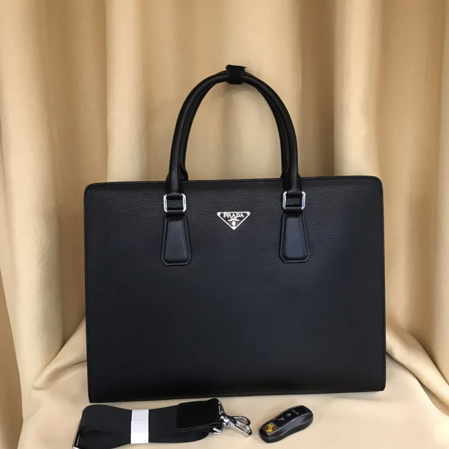 PRADA Genuine YKK Hardware Briefcase with Elephant Pattern Calfskin