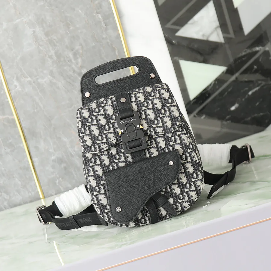 Dio Oblique Mini Crossbody in Black Grained Calfskin