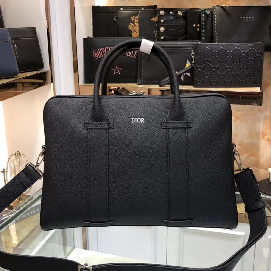 Dior Men's Latest Briefcase Luxury Black Grained Calfskin, Adjustable Strap, Stylish and Versatile