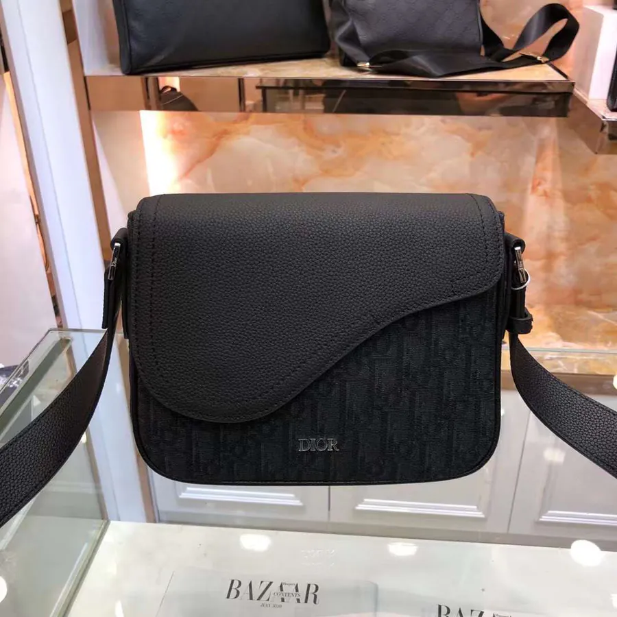 Dior Mini Saddle Messenger Bag Elegant Black Grained Calfskin