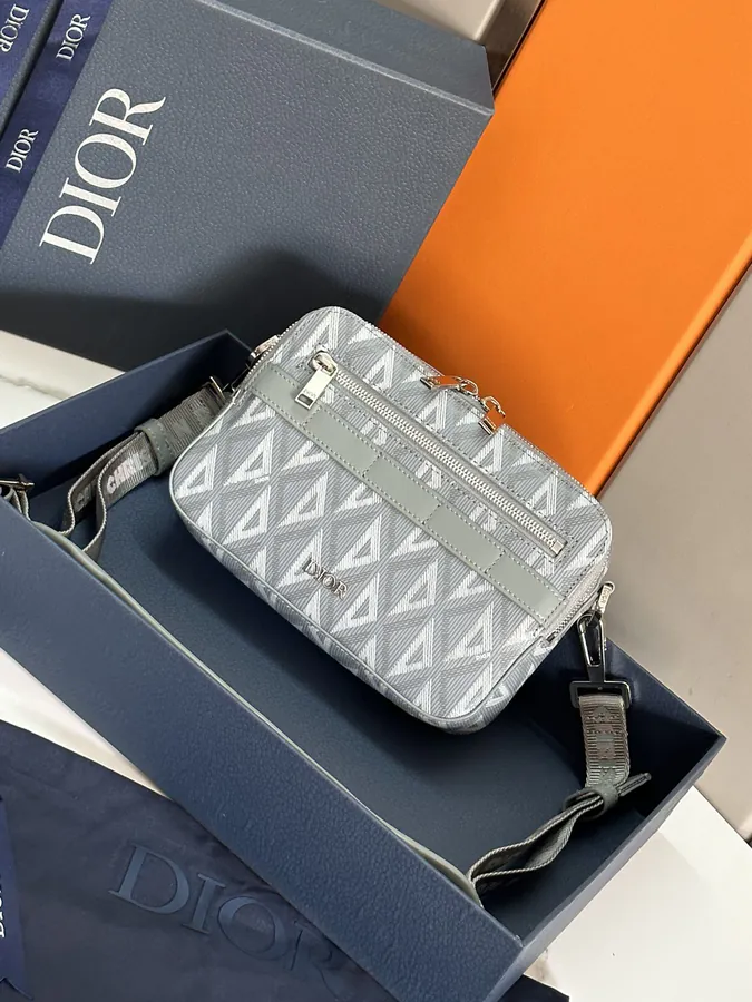 Safari Messenger Bag Gray Grained Calfskin & Diamond Pattern Canvas