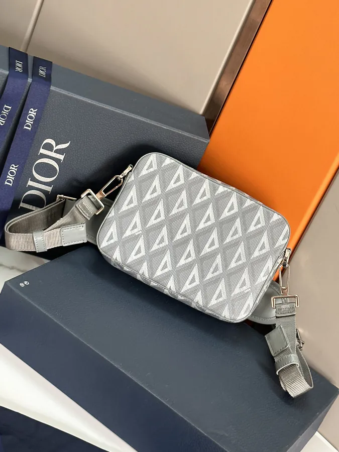 Safari Messenger Bag Gray Grained Calfskin & Diamond Pattern Canvas