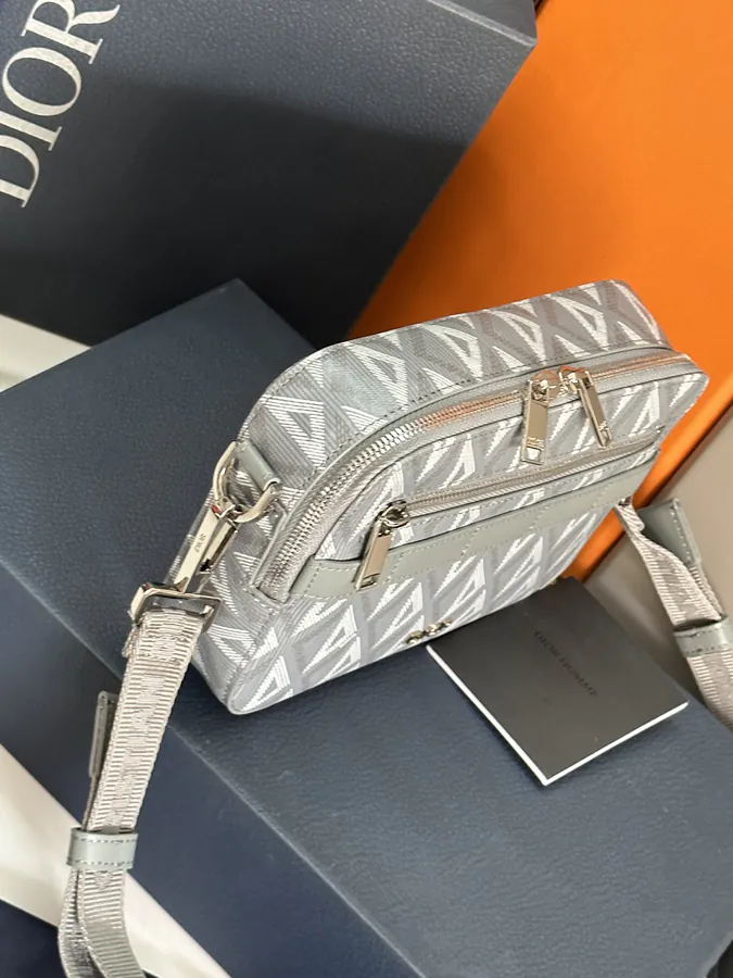 Safari Messenger Bag Gray Grained Calfskin & Diamond Pattern Canvas