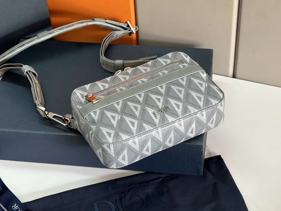 Safari Messenger Bag Gray Grained Calfskin & Diamond Pattern Canvas