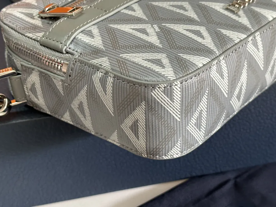 Safari Messenger Bag Gray Grained Calfskin & Diamond Pattern Canvas