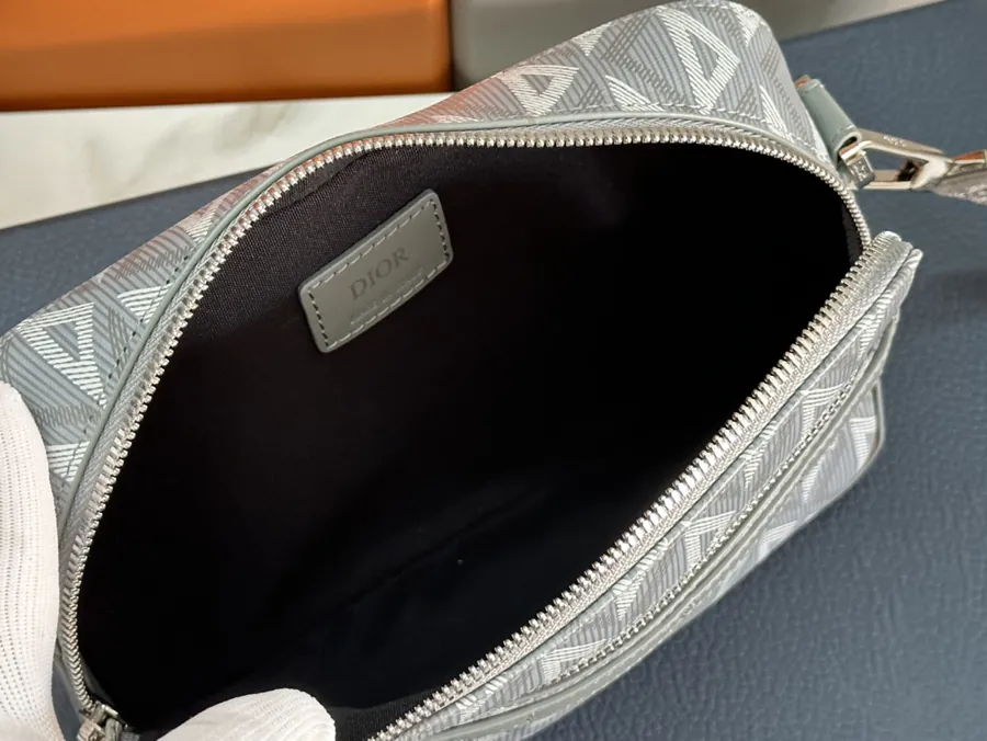 Safari Messenger Bag Gray Grained Calfskin & Diamond Pattern Canvas