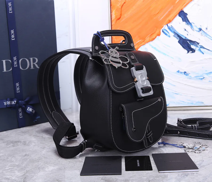 Christian Dior Saddle Backpack Black Grained Calfskin