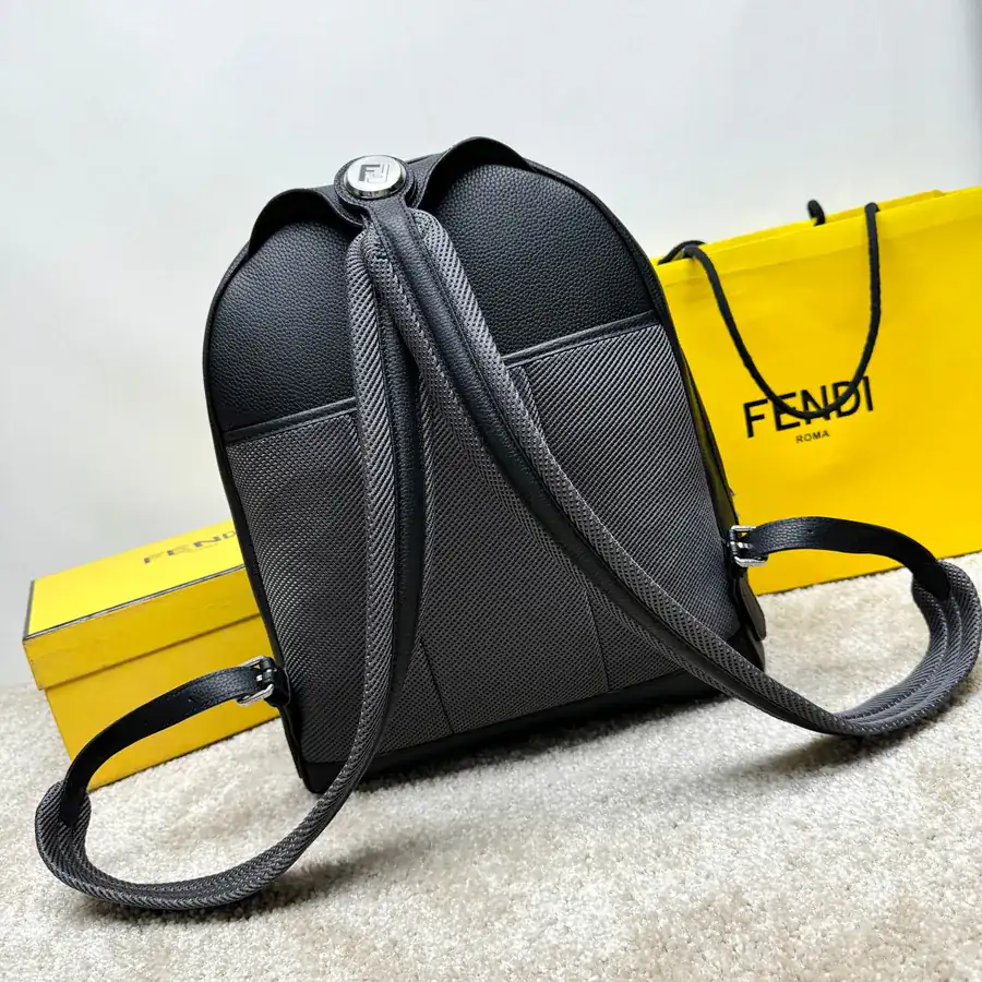 FF Logo Metal Stud Backpack Black Grained Calfskin