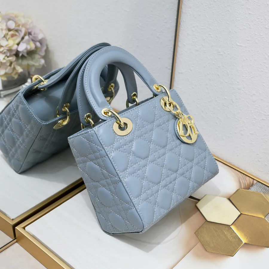 My Lady Letter Series Bucket Bag with Blue Grained Leather