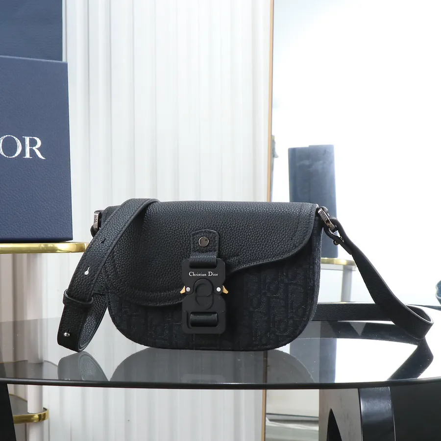 Mini Saddle Messenger Bag Black Grained Calfskin & Oblique Print