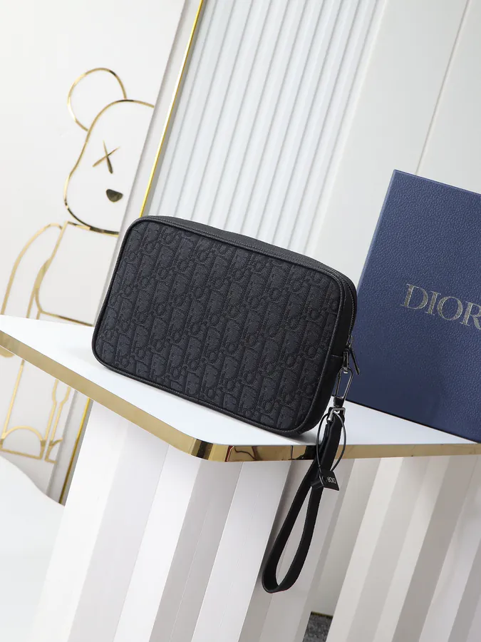 Dior Travel Cosmetic Bag with Oblique Print and Leather Trim