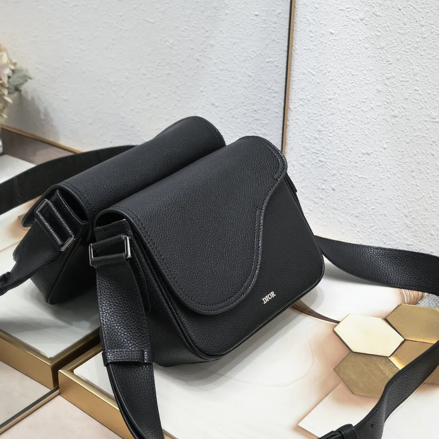 Mini Saddle Messenger Bag in Black Grained Calfskin