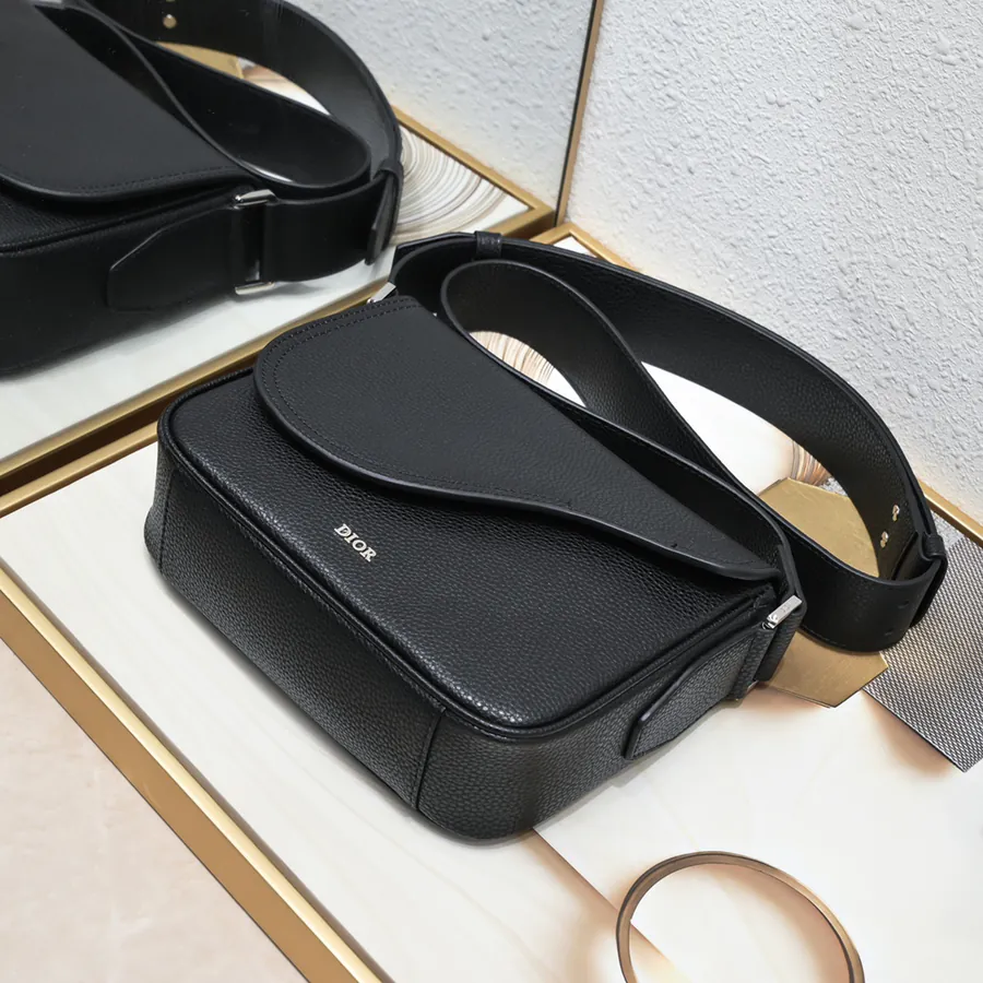 Mini Saddle Messenger Bag in Black Grained Calfskin