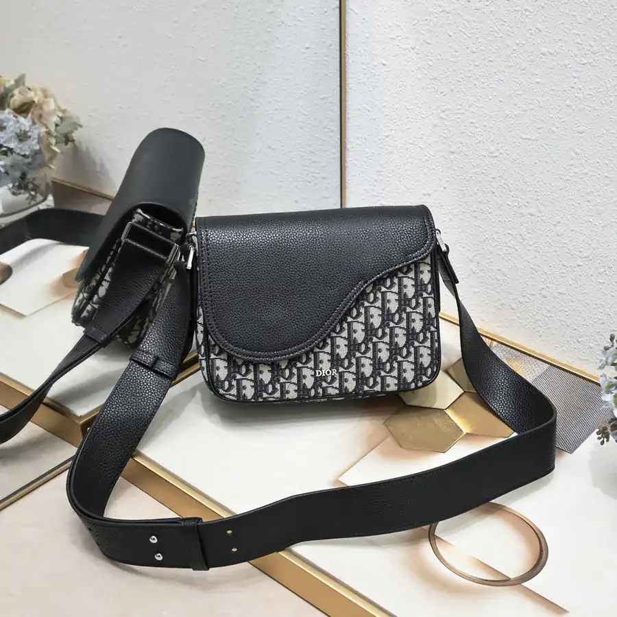DIOR Mini Saddle Messenger Bag in Black Grained Calfskin