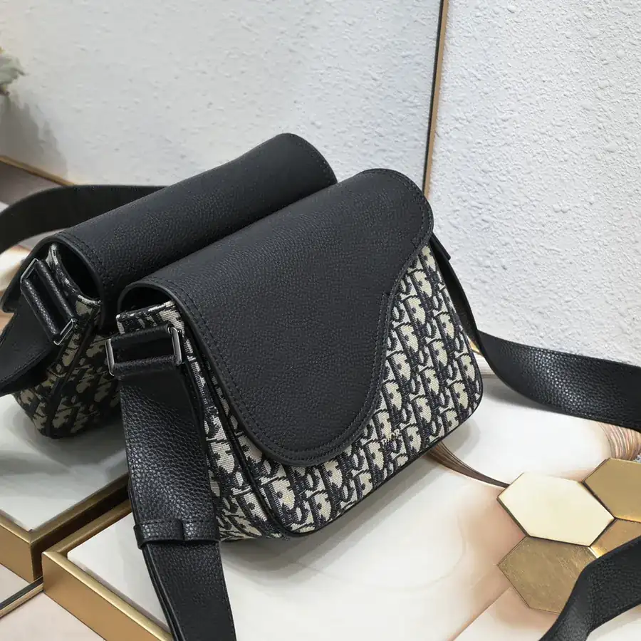 DIOR Mini Saddle Messenger Bag in Black Grained Calfskin