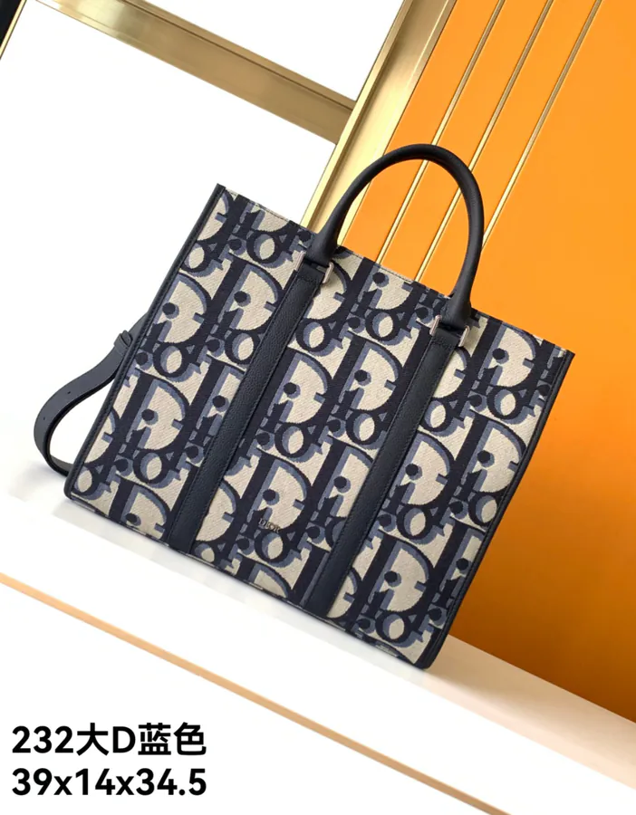 New 232# Blue D Bag Saddle Tote with Luxury Black Grained Calfskin