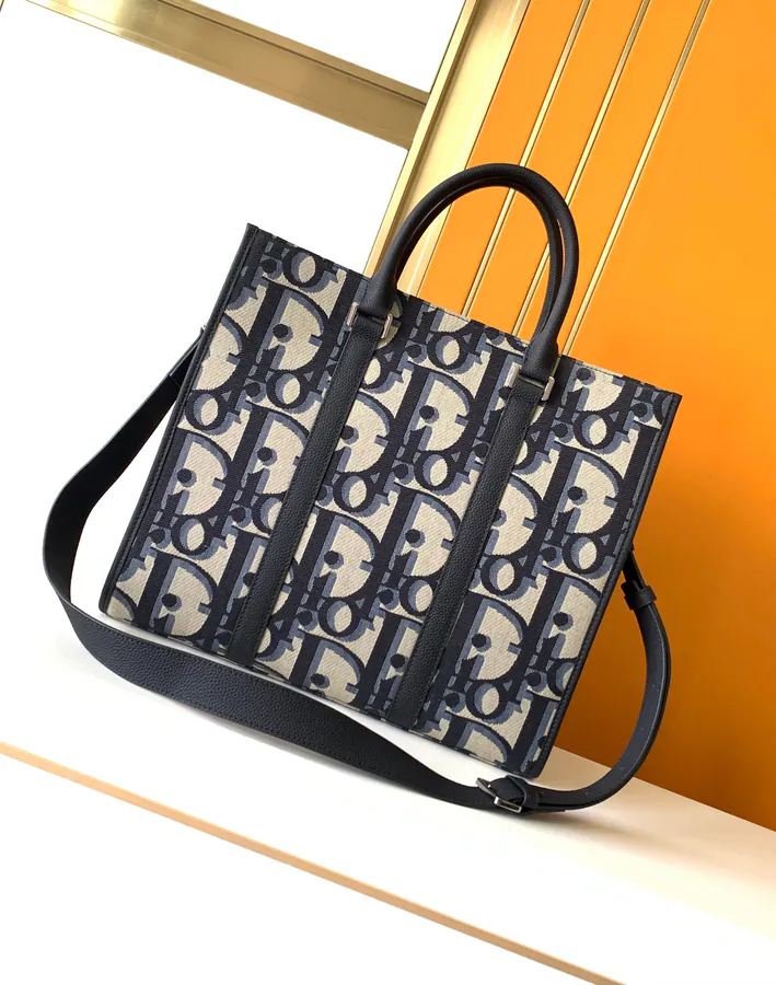 New 232# Blue D Bag Saddle Tote with Luxury Black Grained Calfskin