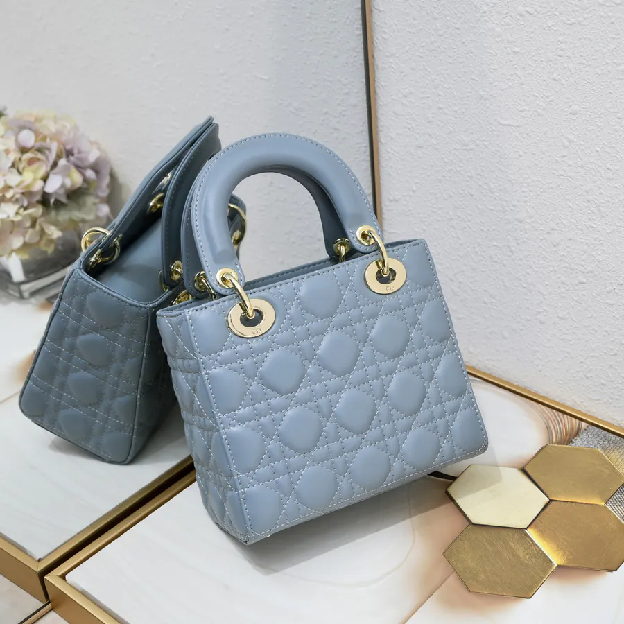 My Lady Letter Series Bucket Bag in Blue Grained Calfskin