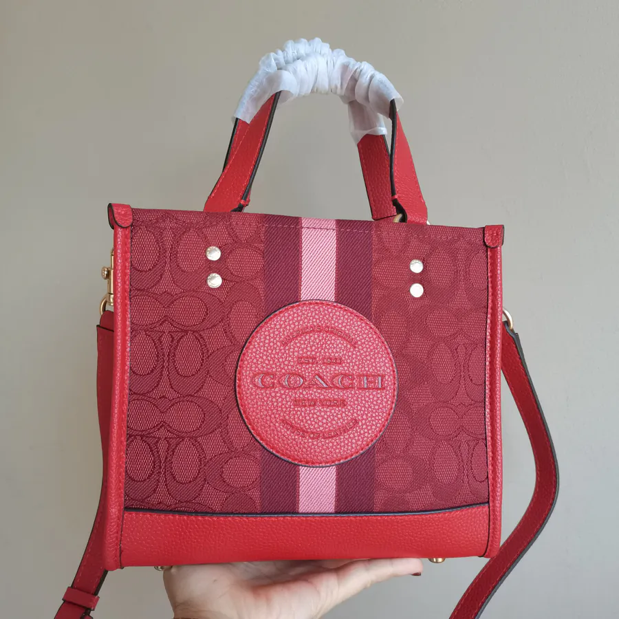 COACH 22cm Tote Bag with Fabric and Leather, Classic Jacquard Stripe and Embellishments