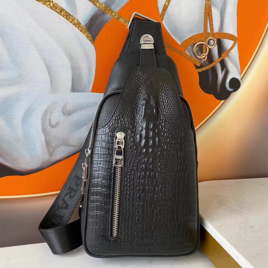 P Family Chest Bag, Premium Grained Calfskin, Black, 30×17×4.5