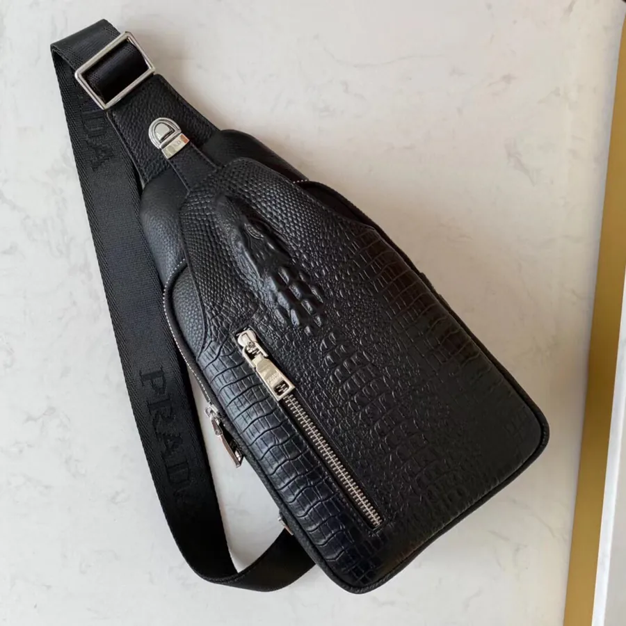 P Family Chest Bag, Premium Grained Calfskin, Black, 30×17×4.5