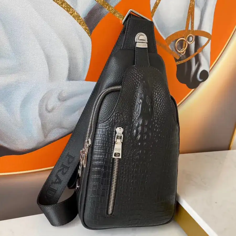 P Family Chest Bag, Premium Grained Calfskin, Black, 30×17×4.5
