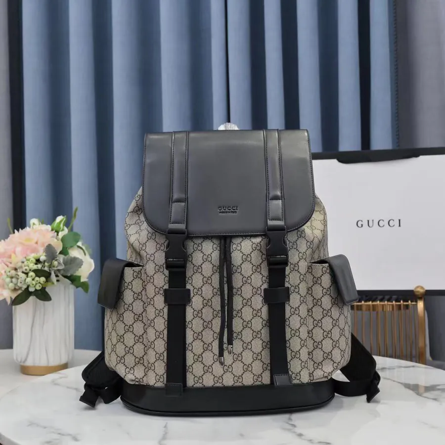 Gucci Signature Leather Classic Backpack with Flip Open Pocket and Inner Pockets