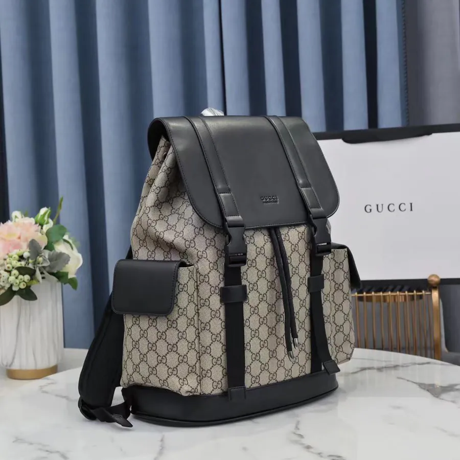 Gucci Signature Leather Classic Backpack with Flip Open Pocket and Inner Pockets