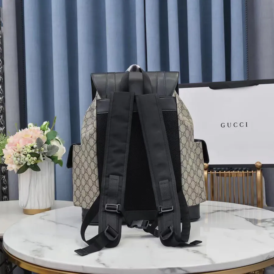 Gucci Signature Leather Classic Backpack with Flip Open Pocket and Inner Pockets