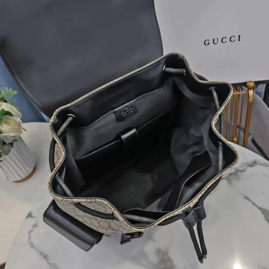 Gucci Signature Leather Classic Backpack with Flip Open Pocket and Inner Pockets