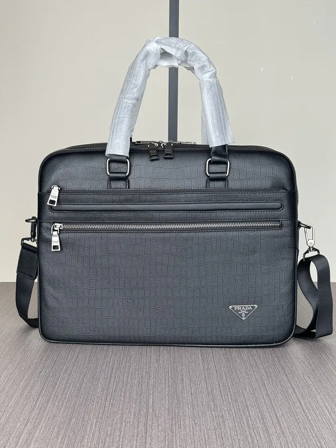 Prada Premium Leather Briefcase with Zippered Pockets