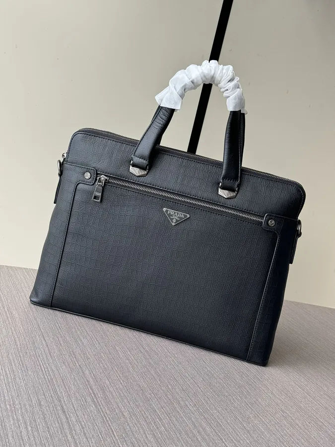 Prada Double Zip Briefcase Premium Leather, Black, 9958 1B