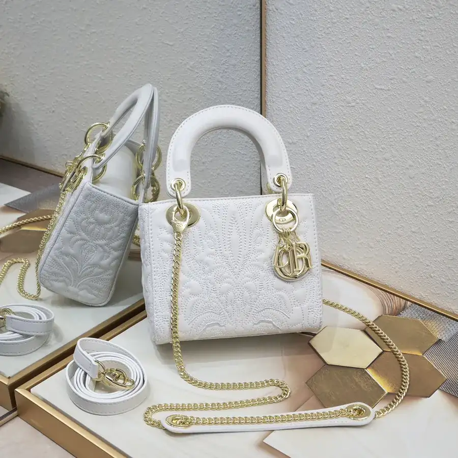 Lady Dior 3 Compartment Embossed White with Ornamental Pattern