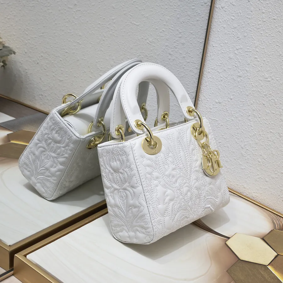 Lady Dior 3 Compartment Embossed White with Ornamental Pattern