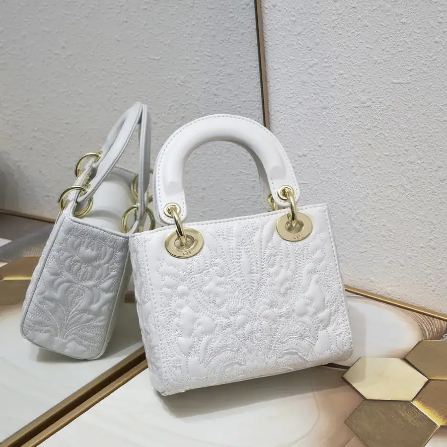 Lady Dior 3 Compartment Embossed White with Ornamental Pattern