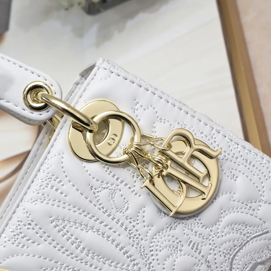 Lady Dior 3 Compartment Embossed White with Ornamental Pattern