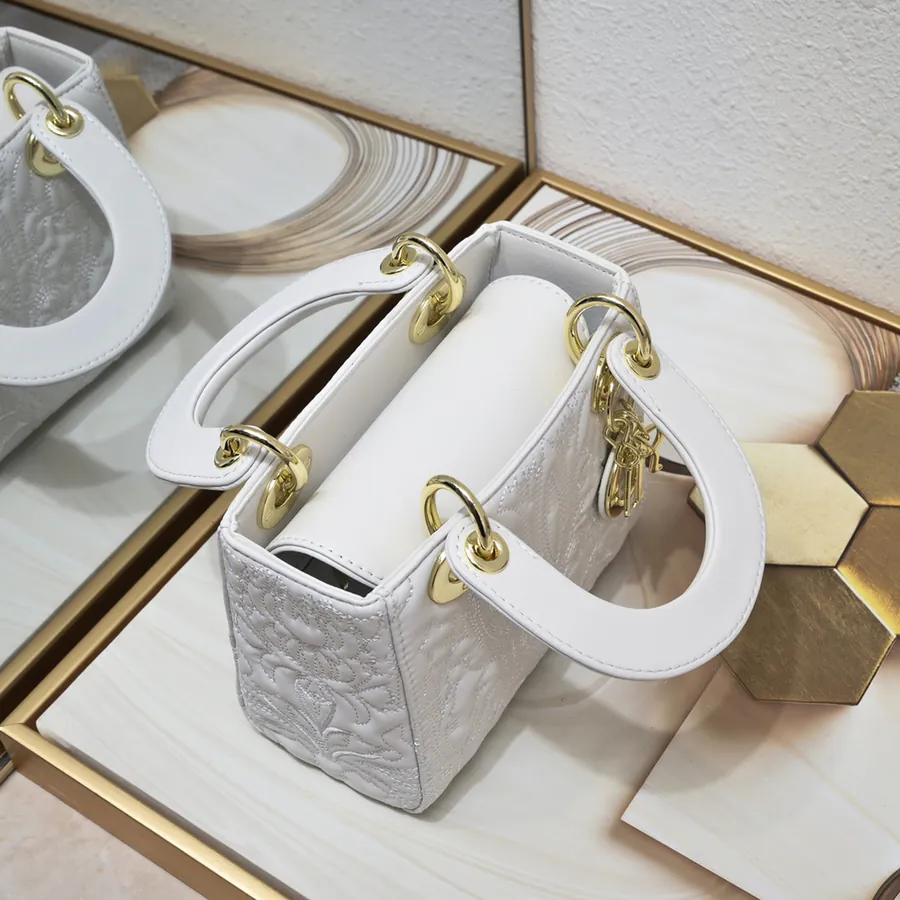 Lady Dior 3 Compartment Embossed White with Ornamental Pattern
