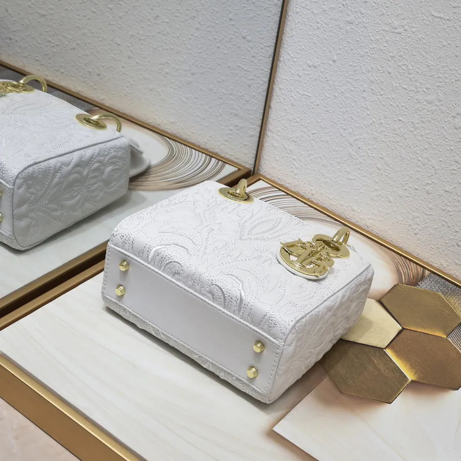 Lady Dior 3 Compartment Embossed White with Ornamental Pattern