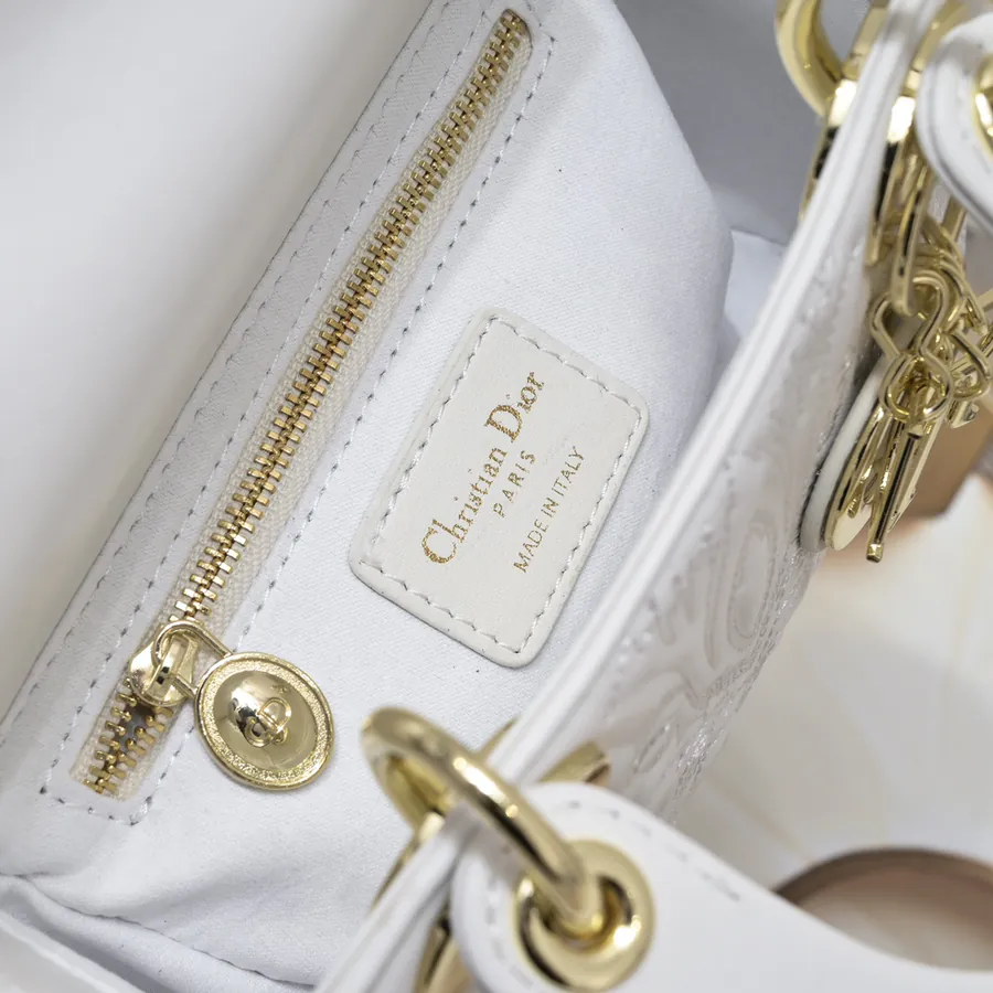 Lady Dior 3 Compartment Embossed White with Ornamental Pattern