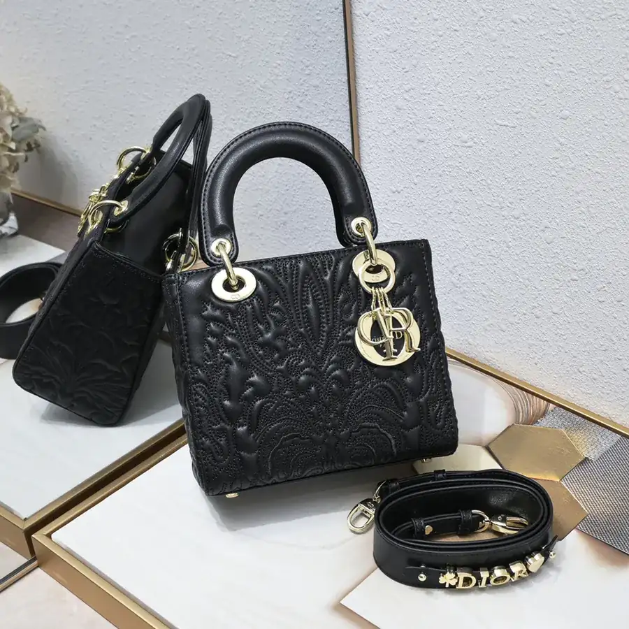 Lady Dior Four Compartment Embossed White Bag with Ornamental Pattern