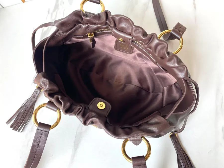 MIU Vintage Bucket Bag with Grained Calfskin and Metal Hardware