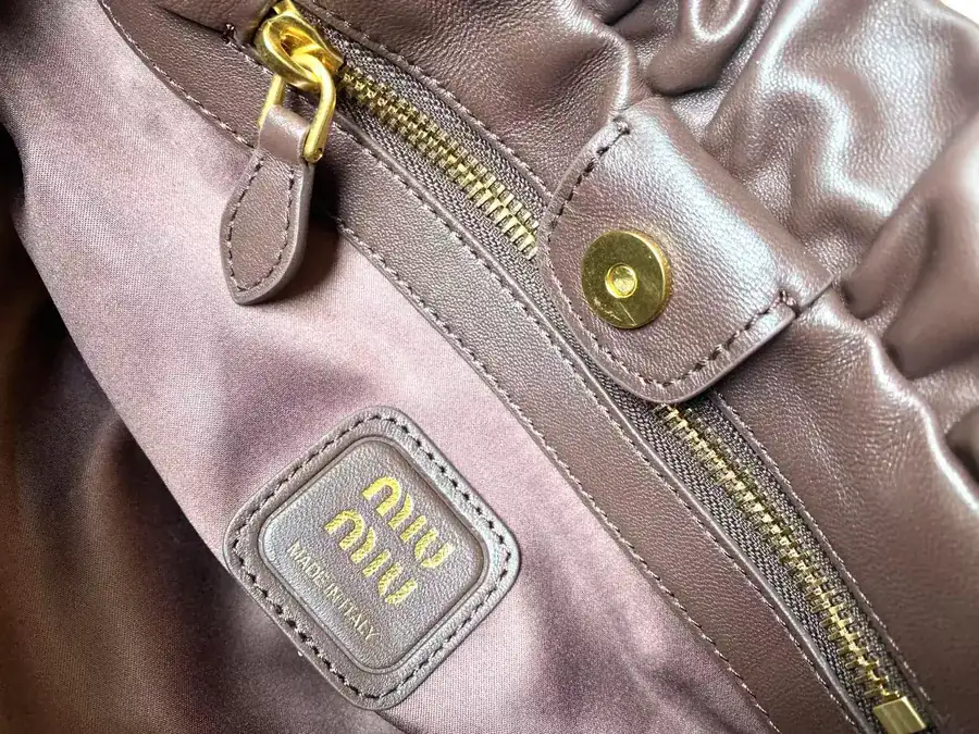 MIU Vintage Bucket Bag with Grained Calfskin and Metal Hardware