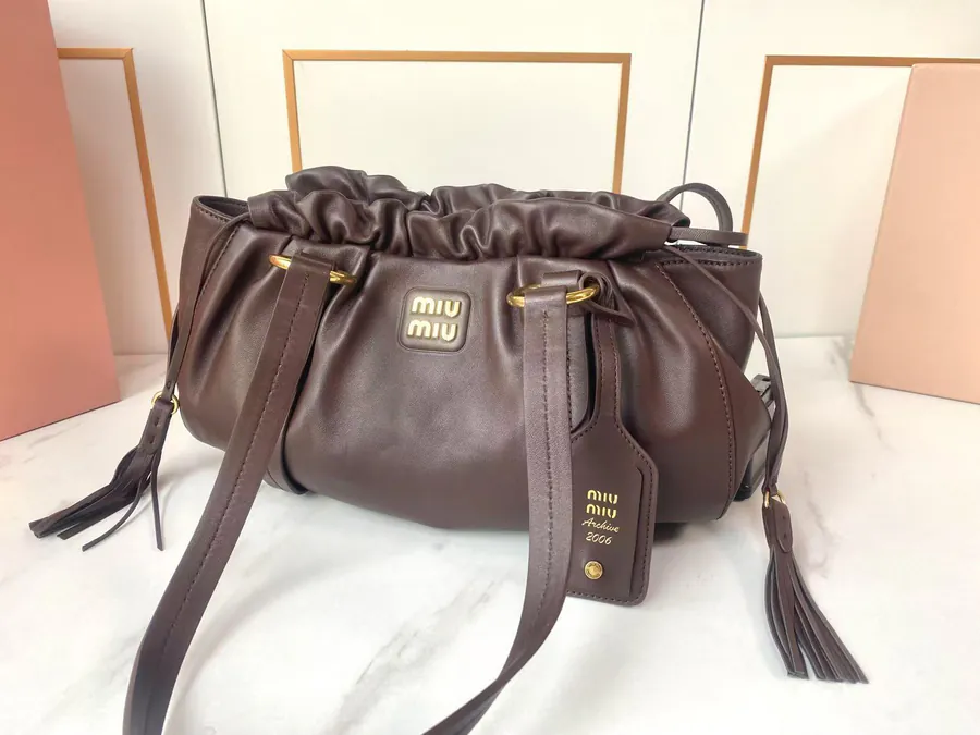 MIU Vintage Bucket Bag with Grained Calfskin and Metal Hardware